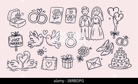 Ensemble d'icônes Doodle Sketch de mariage Vintage Party Love Vector Love, Rings et Celebration Elements Illustration de Vecteur