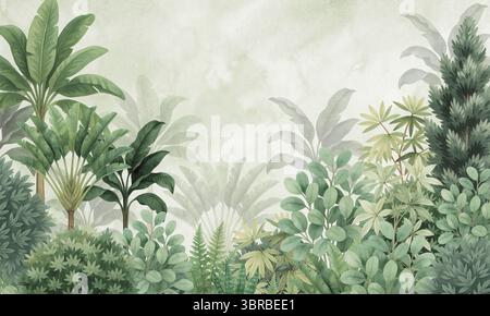 Mur mural botanique neutre – paysage de feuillage tropical en aquarelle monochrome douce Banque D'Images