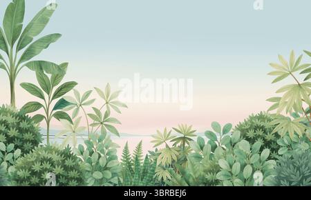 Mur mural botanique neutre – paysage de feuillage tropical en aquarelle monochrome douce Banque D'Images