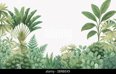 Mur mural botanique neutre – paysage de feuillage tropical en aquarelle monochrome douce Banque D'Images
