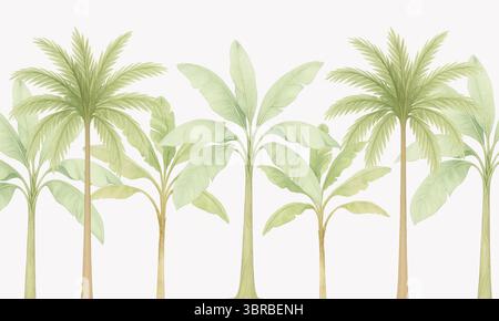 Mur mural botanique neutre – paysage de feuillage tropical en aquarelle monochrome douce Banque D'Images