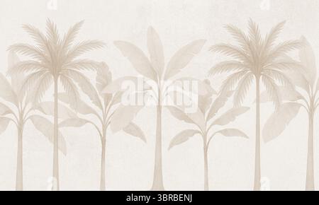 Mur mural botanique neutre – paysage de feuillage tropical en aquarelle monochrome douce Banque D'Images