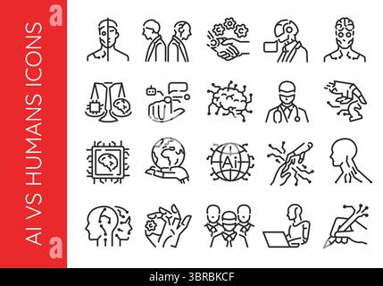 Jeu d'icônes de ligne AI vs humains Illustration de Vecteur