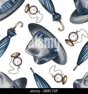 Modèle sans couture avec chapeaux pour hommes, montres de poche vintage et parapluies. Illustration d'aquarelle dessinée à la main. Pour textiles, emballages, papier d'emballage Banque D'Images