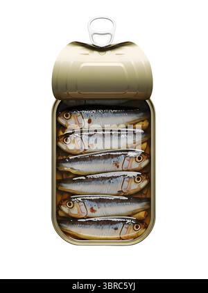 Boîte ouverte de sardines rendu 3D minimaliste dans un rendu doux et lisse Banque D'Images