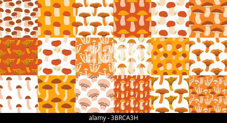 Grand ensemble de motif sans couture de champignons. Champignons d'automne sur fond isolé. Motif carré plat à motif répétitif pour la saison d'automne. Illustration de Vecteur