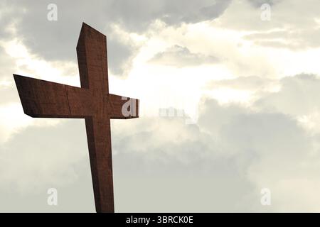 Croix en bois se tient contre le ciel nuageux dans un design plat avec texture de grain et poutres angulaires Banque D'Images