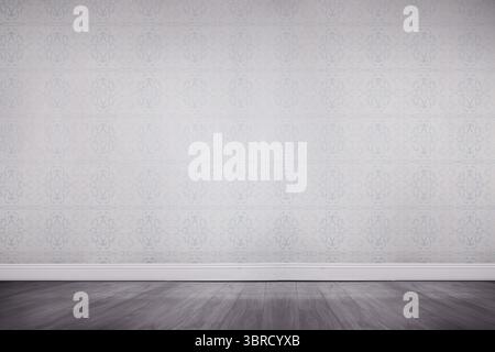 Le mur tapissé décoratif et le moulage de plinthe sont montrés avec le plancher en bois dans la conception plate Banque D'Images