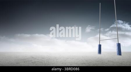 Les poteaux de but de rugby avec rembourrage bleu sont debout sur un terrain poussiéreux sous un ciel nuageux dans un design plat Banque D'Images