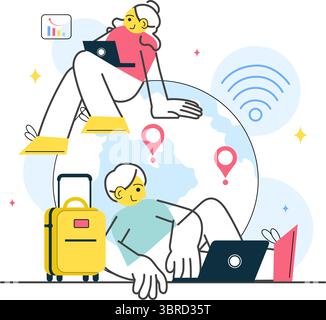 Illustration vectorielle numérique du style de vie nomade mettant en scène des personnes travaillant à distance tout en voyageant et en profitant de vacances dans un fond plat Illustration de Vecteur
