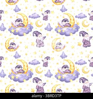 Gnomes mignons dormant sur le croissant de lune dans le nuage avec des étoiles aquarelle motif sans couture pour la conception des enfants. Elfs d'illustration dessinés à la main de rêves de fées Banque D'Images