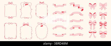 Bordures de coquette roses, bannières et arcs. Style coquette. Éléments de design vintage pour la Saint-Valentin, anniversaire, cartes de voeux, invitations Illustration de Vecteur
