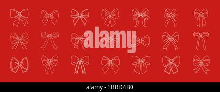 Contours des arcs sur fond rouge. Noeuds d'arc modernes dessinés à la main. Style coquette. Esthétique tendance de l'an 2000 Illustration de Vecteur