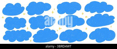 Mignon crayon pastel nuages bleus avec des étoiles jaunes. Crayon enfantin gribouille les éléments du ciel. Illustration vectorielle Illustration de Vecteur