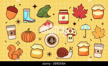Jeu d'icônes d'automne. Objets Pixel art en style 8 bits. Citrouille, écureuil, escargot, gland Illustration de Vecteur