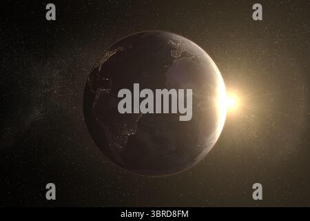 Le rendu 3D montre la Terre flottant dans l'espace avec les lumières de la ville, la lueur solaire et le champ d'étoiles Banque D'Images