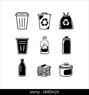 Ensemble vectoriel d'icônes de tri et de recyclage des déchets – silhouettes noires et blanches de poubelles, bouteilles, sacs et matériaux Illustration de Vecteur