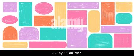 Ensemble de bordures de griffonnage de crayon enfantin. Cadres rectangulaires inégaux colorés avec effet de craie dessiné à la main. Grunge zones de texte pour la maternelle, invitations, Illustration de Vecteur