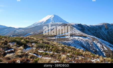 Le mont Ngauruhoe enneigé surplombe le sentier du lac Tama en hiver, baigné de soleil sous un ciel bleu clair. Une immaculée et tranquille la Banque D'Images
