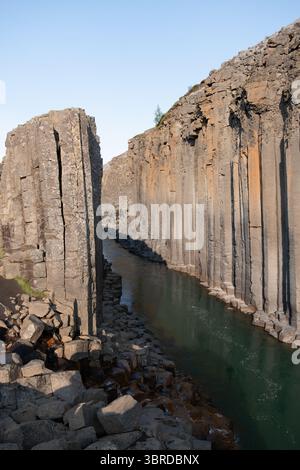 Explorez la beauté époustouflante du canyon de Studlagil en Islande, où les colonnes verticales de basalte saisissantes créent une toile de fond majestueuse. Banque D'Images
