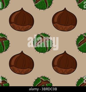 Motif vectoriel sans couture de châtaignes dessinées à la main et leurs cosses épaisses, avec des teintes marron riches et vertes vibrantes, idéal pour les conceptions automnales. Illustration de Vecteur