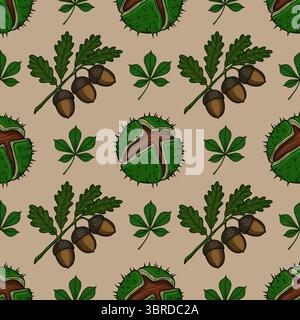 Modèle d'automne vectoriel sans couture avec glands dessinés à la main, châtaignes et feuilles de chêne et de châtaigner sur un fond beige, parfait pour les conceptions à thème d'automne. Illustration de Vecteur