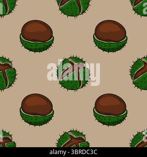 Modèle vectoriel sans couture d'illustrations de châtaigniers dessinées à la main dans des tons marron et vert, mettant en vedette des châtaigniers entiers et ouverts avec des cosses épaisses, cre Illustration de Vecteur