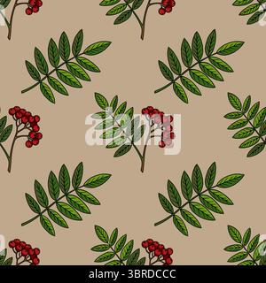 Modèle vectoriel sans couture avec des branches de rowan dessinées à la main, avec des feuilles vertes vibrantes et des grappes de riches baies rouges sur un fond beige doux, c Illustration de Vecteur