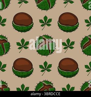 Modèle vectoriel sans couture de châtaignes et de feuilles dessinées à la main, présentant une illustration botanique détaillée dans des tons verts et bruns automnaux, parfait pour Illustration de Vecteur