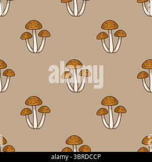 Motif vectoriel sans couture avec des amas dessinés à la main de champignons de miel sur un fond beige, avec des textures de chapeau détaillées et des variations de couleurs subtiles Illustration de Vecteur