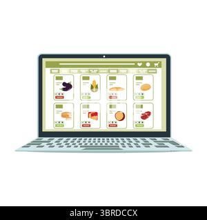 Interface d'application d'épicerie en ligne sur l'écran d'ordinateur portable pour la sélection pratique des aliments et le vecteur d'achat Illustration de Vecteur