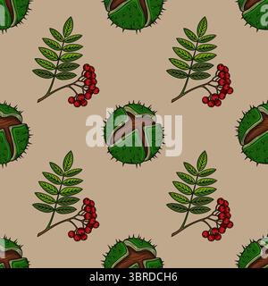 Modèle vectoriel sans couture des éléments automnaux : châtaignes, baies de rowan et feuilles, conçu dans un style dessiné à la main avec des couleurs vibrantes pour le textile ou Illustration de Vecteur