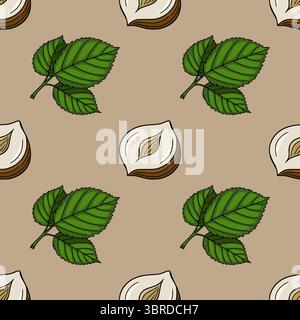 Motif vectoriel sans couture de noisettes et de feuilles, avec un style dessiné à la main avec des illustrations détaillées de noix entières et demi-coupées, et vert vif Illustration de Vecteur