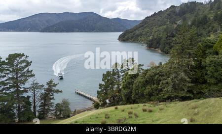 Vue aérienne d'un bateau arrivant à un quai de Wilson Bay entouré de collines verdoyantes et d'eaux calmes reflétant le ciel couvert, Marlborough Sounds, New Banque D'Images