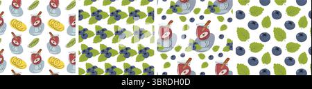 Vin chaud et épices dans une tasse en verre bleuets menthe feuilles sans couture motifs Cozy saisonnier fond set. Illustration vectorielle isolée Cozy Drink Thematic Cards Backdrop bannière, dépliant, étiquette de prix, étiquette Illustration de Vecteur