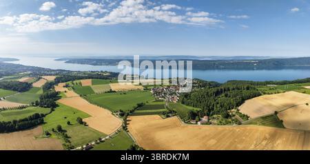 Luftbild, Panorama vom Bodensee mit der Ortschaft Hoedingen, umgeben von erntereifen Getreidefeldern, Am Horizont der Bodanrueck, Ueberlingen, Bodense Banque D'Images