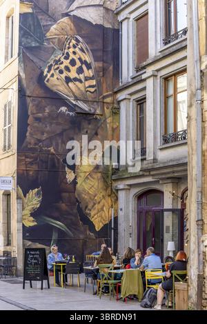 Immense mythe de façade graffiti avec un grand papillon sur des feuilles d'automne brunes et avec les tables d'un café au 42 rue des Godrans dans la vieille ville, Dijon, Banque D'Images