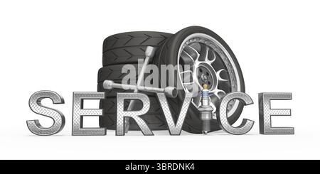 Roues, pneus, jantes, aluminium, pneus sport, outils, atelier, service, croix de roue, pinces, bougie d'allumage, symbole, garage, gros plan, changement, montage, avec Banque D'Images