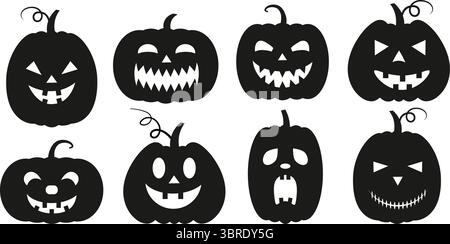 Ensemble de citrouilles d'halloween noires isolées. Illustration vectorielle d'ombres de citrouille avec des visages. Illustration de Vecteur