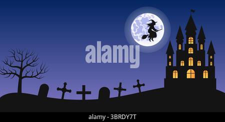 Fond vectoriel effrayant d'Halloween. Illustration de bande dessinée du cimetière effrayant et de la maison hantée la nuit. Lune et sorcière sur balai. Illustration de Vecteur