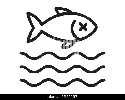 Contour noir de poissons morts au-dessus des vagues de l'eau isolé sur fond blanc, illustration graphique. concept de pollution de l'environnement, wate contaminé Illustration de Vecteur