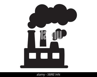 Silhouette noire d'usine avec des piles de fumée émettant des nuages, isolé sur fond blanc, illustration graphique. notion de pollution de l'environnement, Illustration de Vecteur