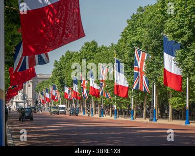 Londres, Royaume-Uni. Des drapeaux britanniques et français bordent le Mall dans le centre de Londres pour la visite du président français Emmanuel Macron du 8-10 juillet 2025. Banque D'Images