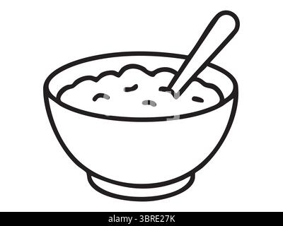 Contour noir du bol avec cuillère remplie de porridge isolé sur fond blanc, illustration graphique. concept de petit déjeuner, icône de la nourriture, repas, kitch Illustration de Vecteur