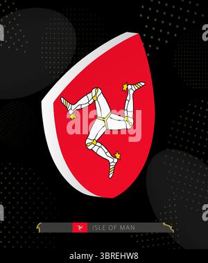 Icône de bouclier de drapeau de l'île de Man en 3D sur fond de rugby abstrait moderne sombre. Parfait pour les événements sportifs, les thèmes patrimoniaux, les célébrations nationales, et PA Illustration de Vecteur