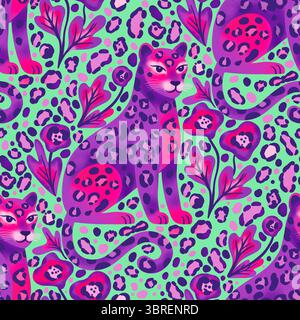 Fantaisiste léopard guépard motif jungle fleurs tropicales taches peau d'animal Bold vibrant Art décoratif Banque D'Images