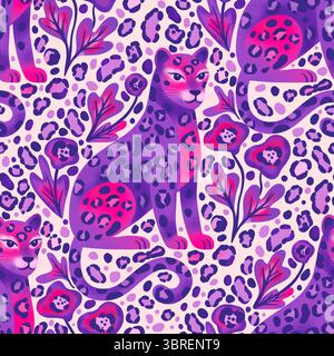 Fantaisiste léopard guépard motif jungle fleurs tropicales taches peau d'animal Bold vibrant Art décoratif Banque D'Images