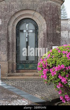 Porte en pierre arquée avec croix et fleurs roses fleuries à côté. Détail architectural classique et contraste naturel. Convient pour les voyages, le patrimoine, Banque D'Images