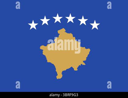 Drapeau du Kosovo – drapeau national officiel avec six étoiles blanches au-dessus de la carte dorée sur un champ bleu, symbole de l'indépendance de l'Europe du Sud-est Illustration de Vecteur