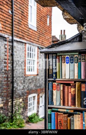 Des livres exposés sur une étagère à l'extérieur de la librairie Fifenth Century à Lewes, en Angleterre, mettent en valeur le riche patrimoine littéraire et le charme de la ville. Banque D'Images